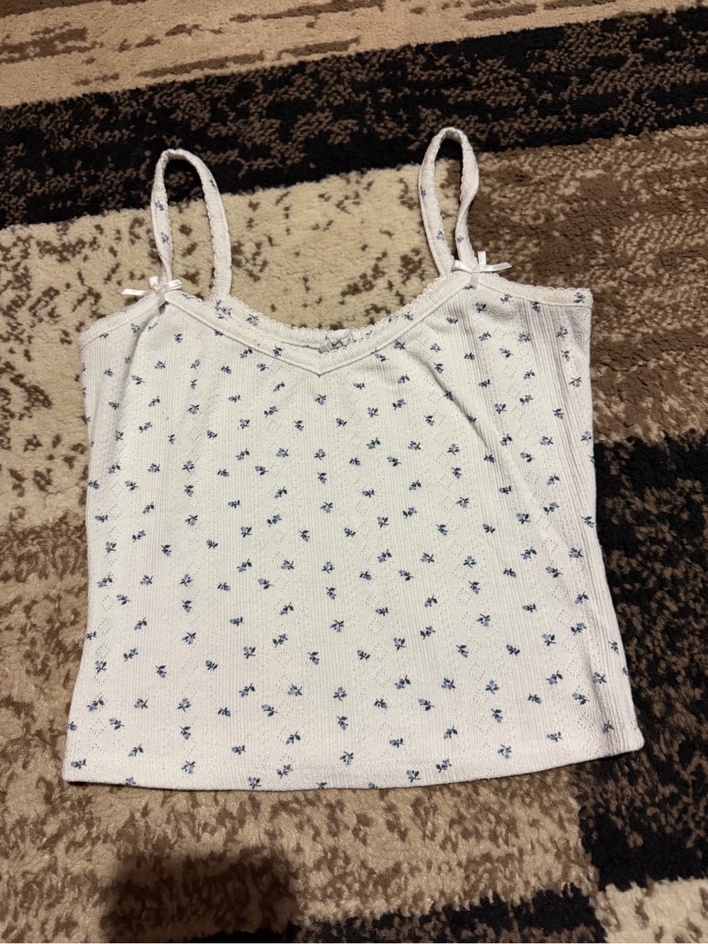 Garage White Ribbed Floral Cami Tank Top with Blue Print